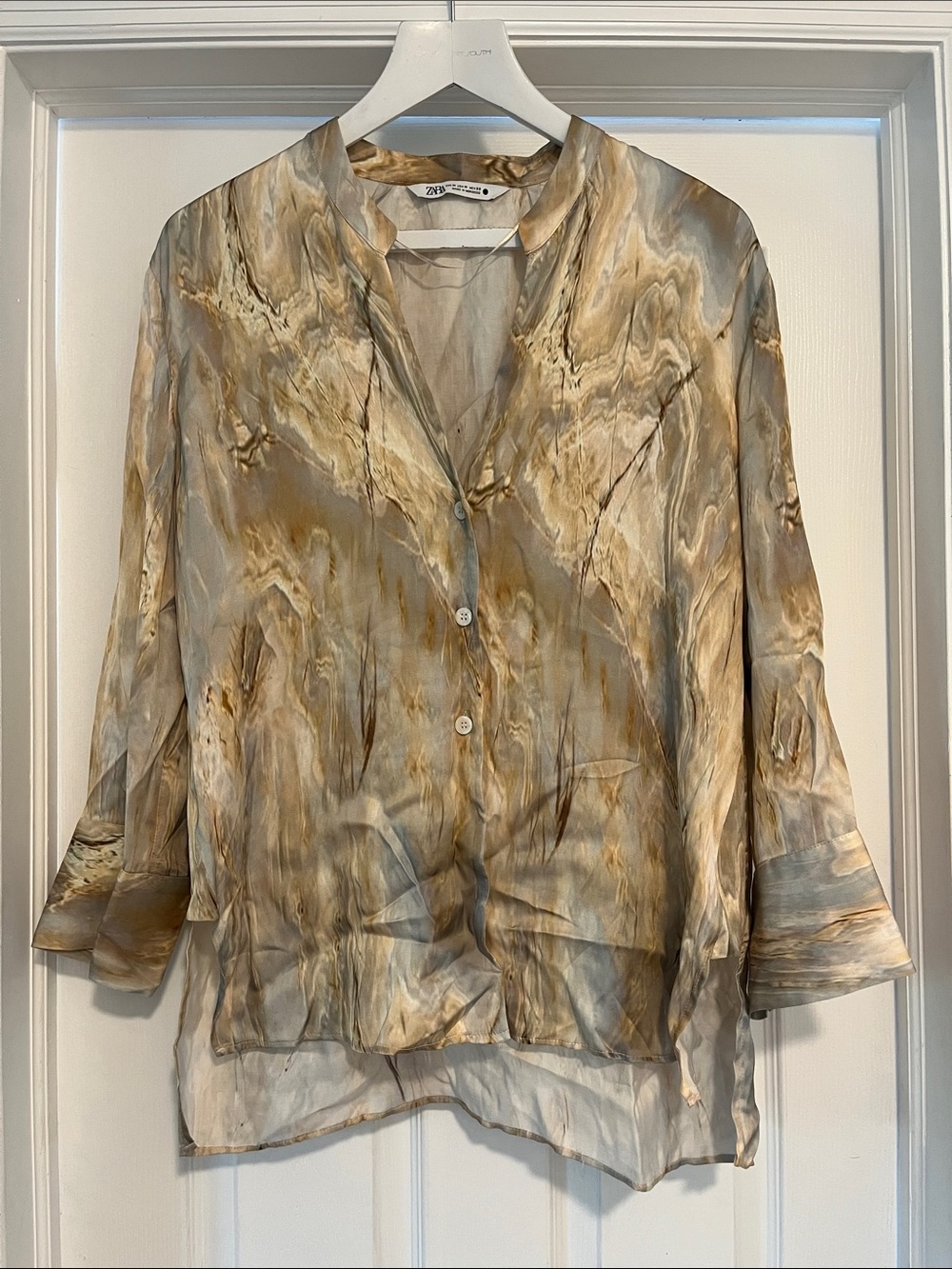 Zara Marble-Effect Button Down Blouse in Beige and Gray